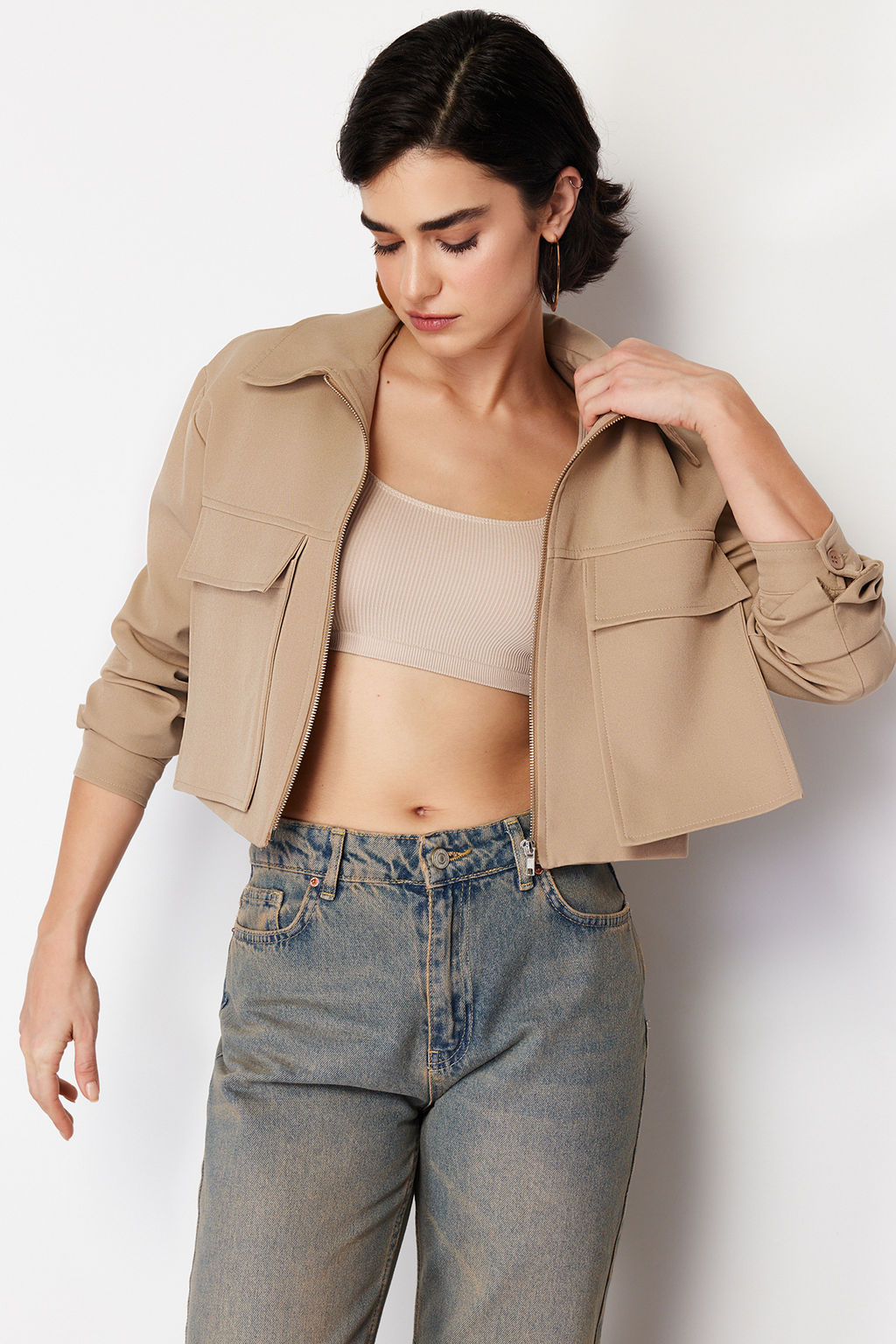 Koyu Kahverengi Cep Detayl? Fermuarl? Crop Dokuma Ceket TWOSS24CE00031 - Trendyolmilla фото 10