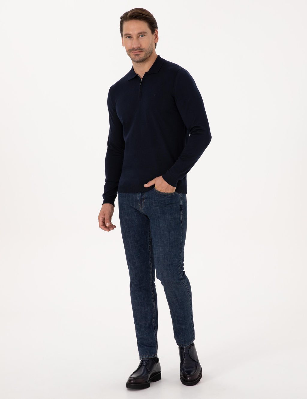 Lacivert Regular Fit Y_n Kar___ml_ Fermuarl_ Polo Yaka Basic Triko Kazak - Cacharel фото 4