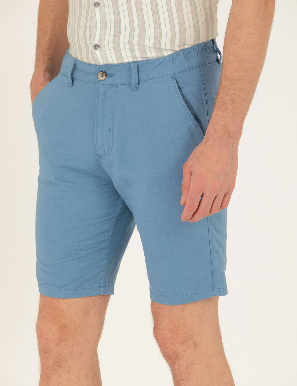 Koyu Mavi Slim Fit Keten Kar___ml_ Beli Lastikli Bermuda _ort