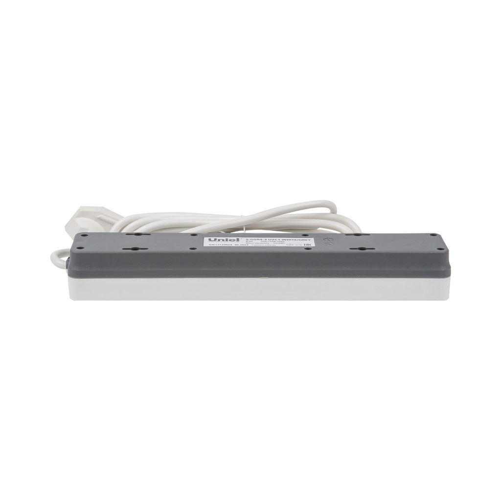 S-GSR4-3 U2C1 WHITE/GREY Сетевой фильтр серии Standard, шнур 3м (Пвс 3х0,75), 4 гнезда, с/з, 2USB+1TYPE C, 10A, 2500Вт. Белый/серый. TM Uniel
