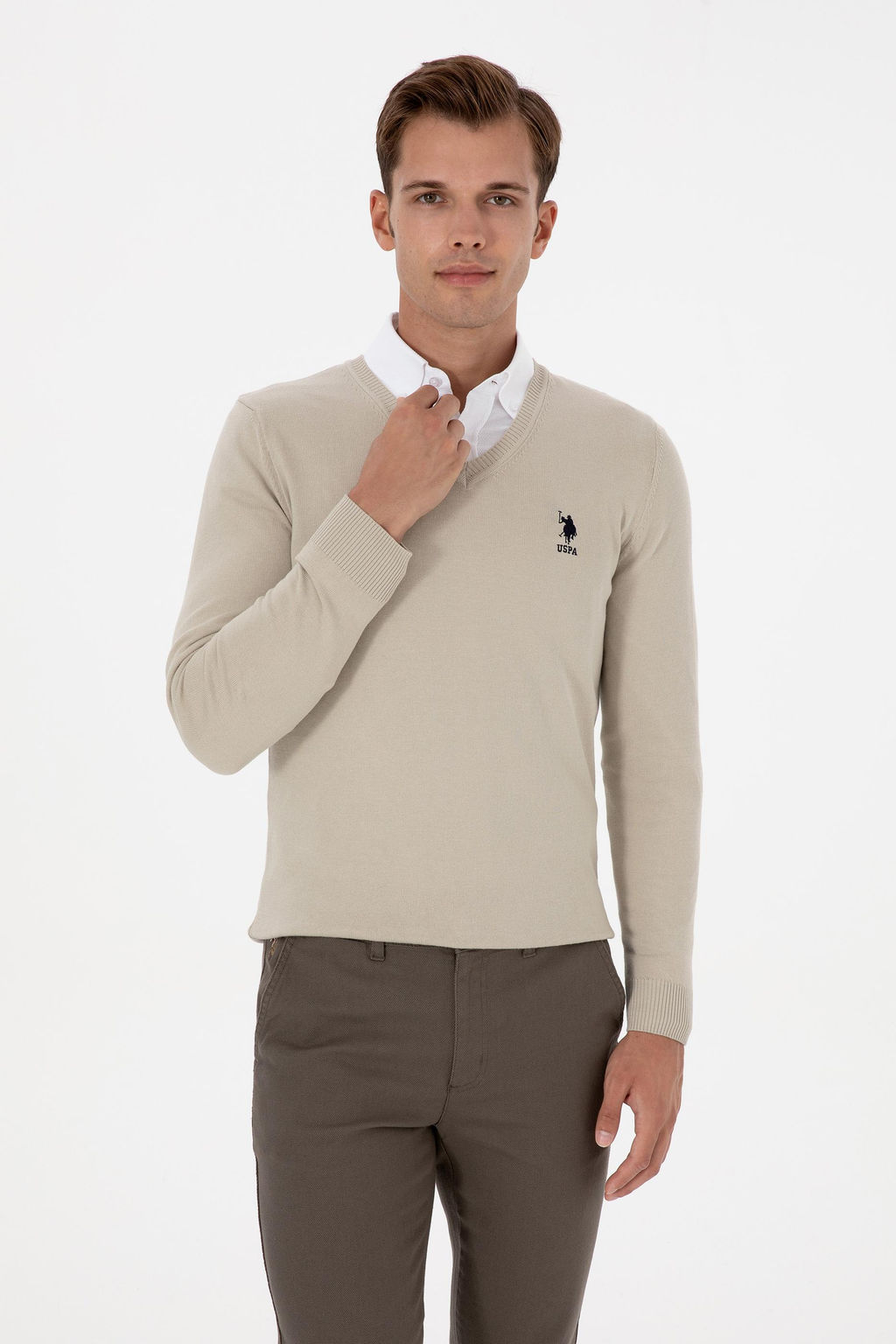 Erkek Slim Fit V Yaka A__k Haki Basic Kazak