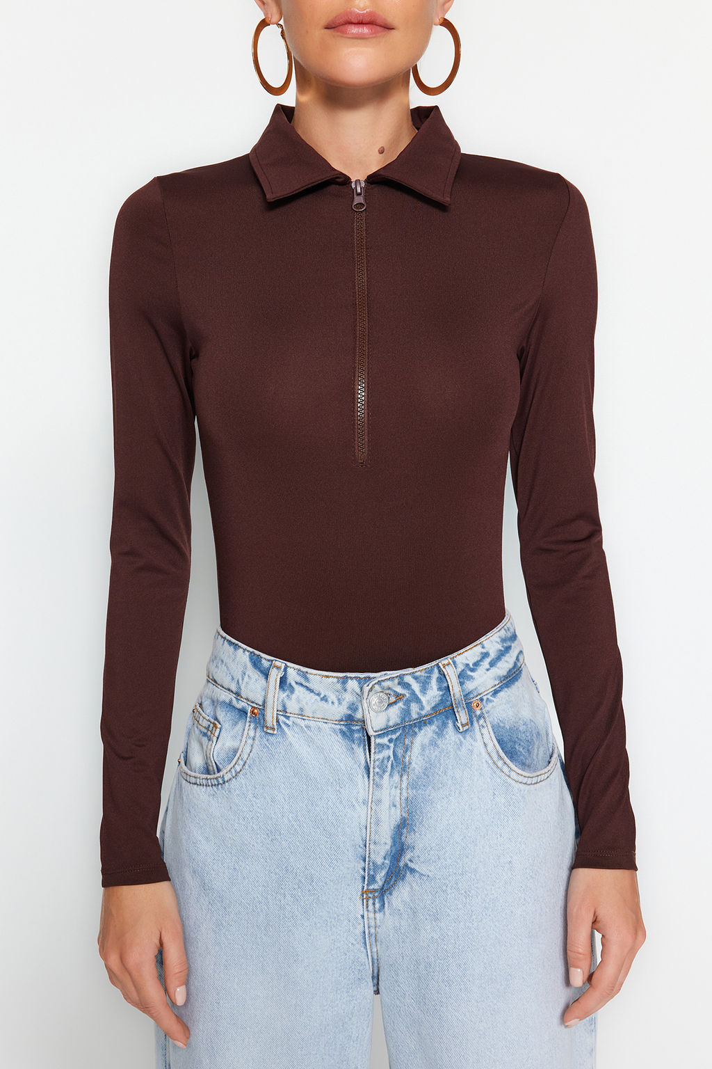 Kahverengi Fermuar Yaka Detayl? Alttan C?tc?tl? Esnek Orme Body TWOAW24BD00005