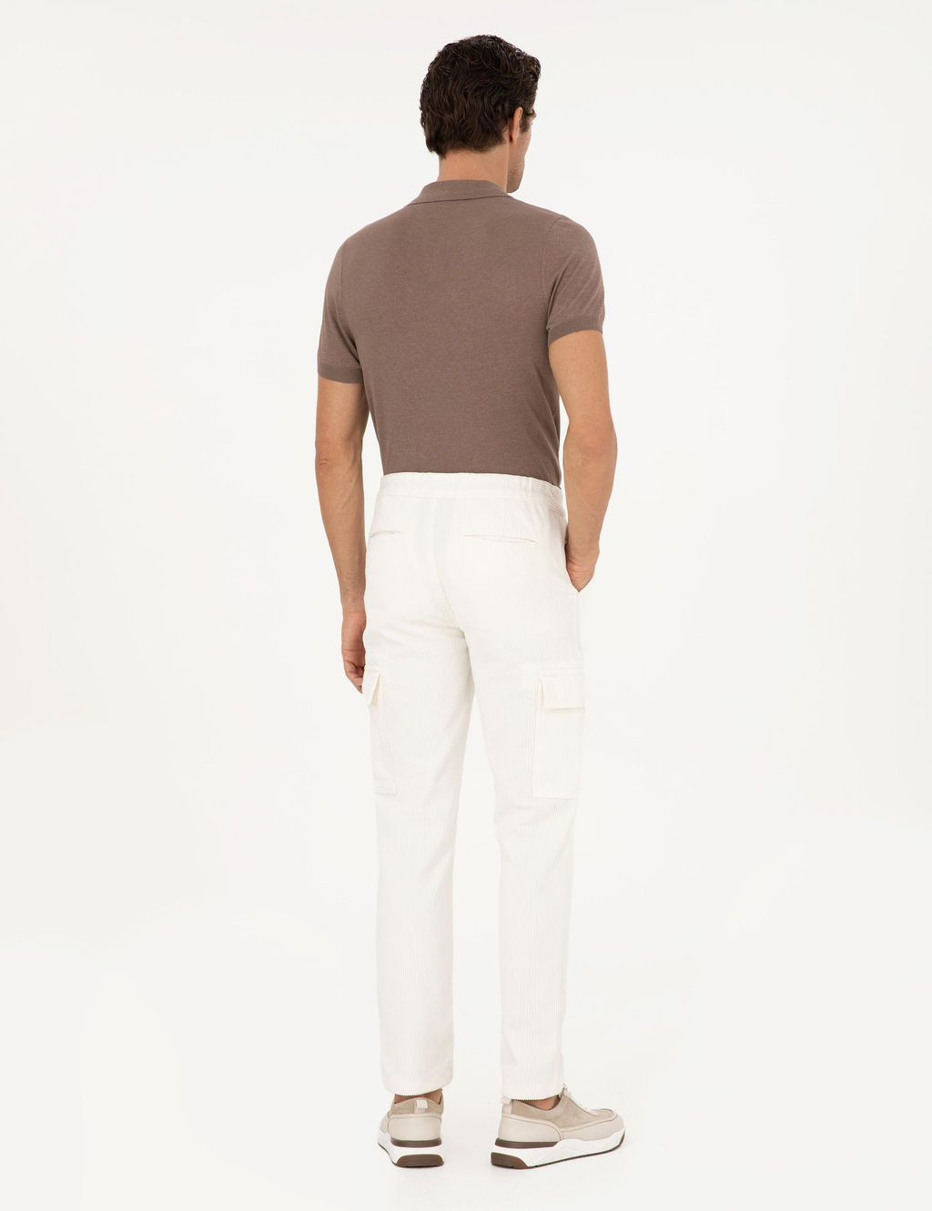 Beyaz Straight Fit Kadife Kargo Cepli %100 Pamuk Kanvas Pantolon