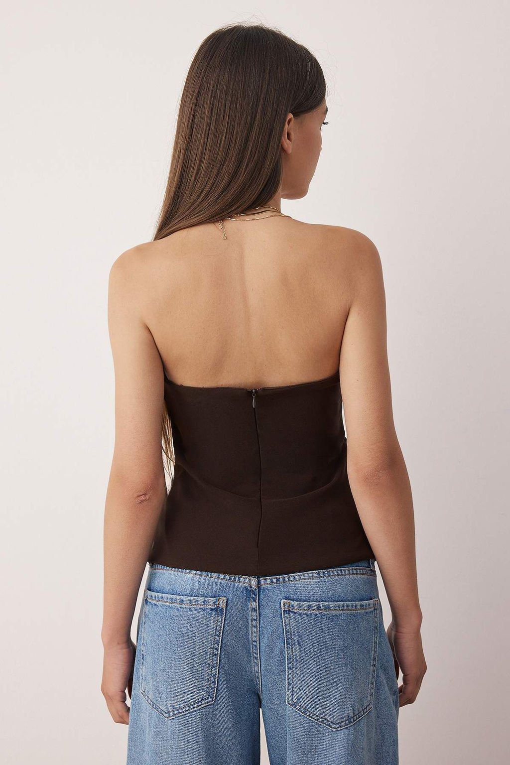 Kahverengi Straplez Fitted Drapeli Dokuma Bluz TWOSS24BZ00348