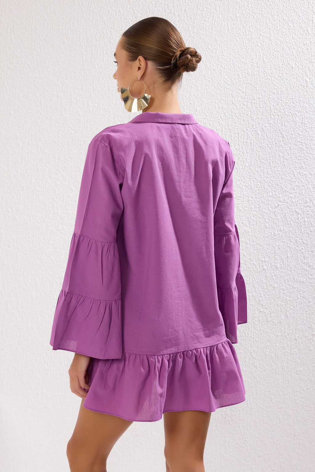 Mor Dokuma Volanl? %100 Pamuk Plaj Mini Elbise TBESS25EL00039