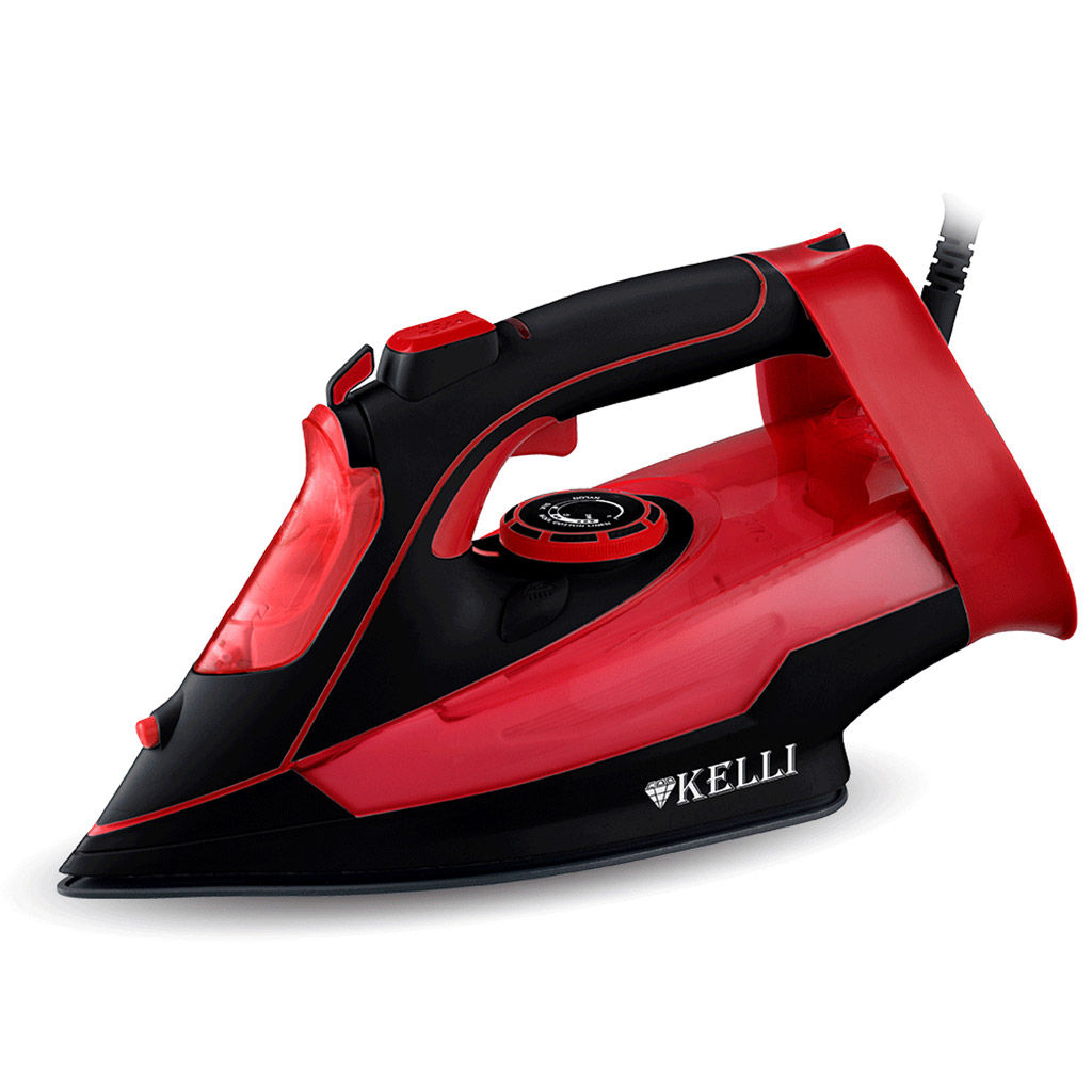 Утюг электрический "Kelli", подошва с керамическим покрытием, функция "Паровой удар", функция самоочистки, вертикальная глажка, встроенный пульверизатор, защита от перегрева, термо и паро регулятор, защита шнура от перекручивания, световой индикатор,