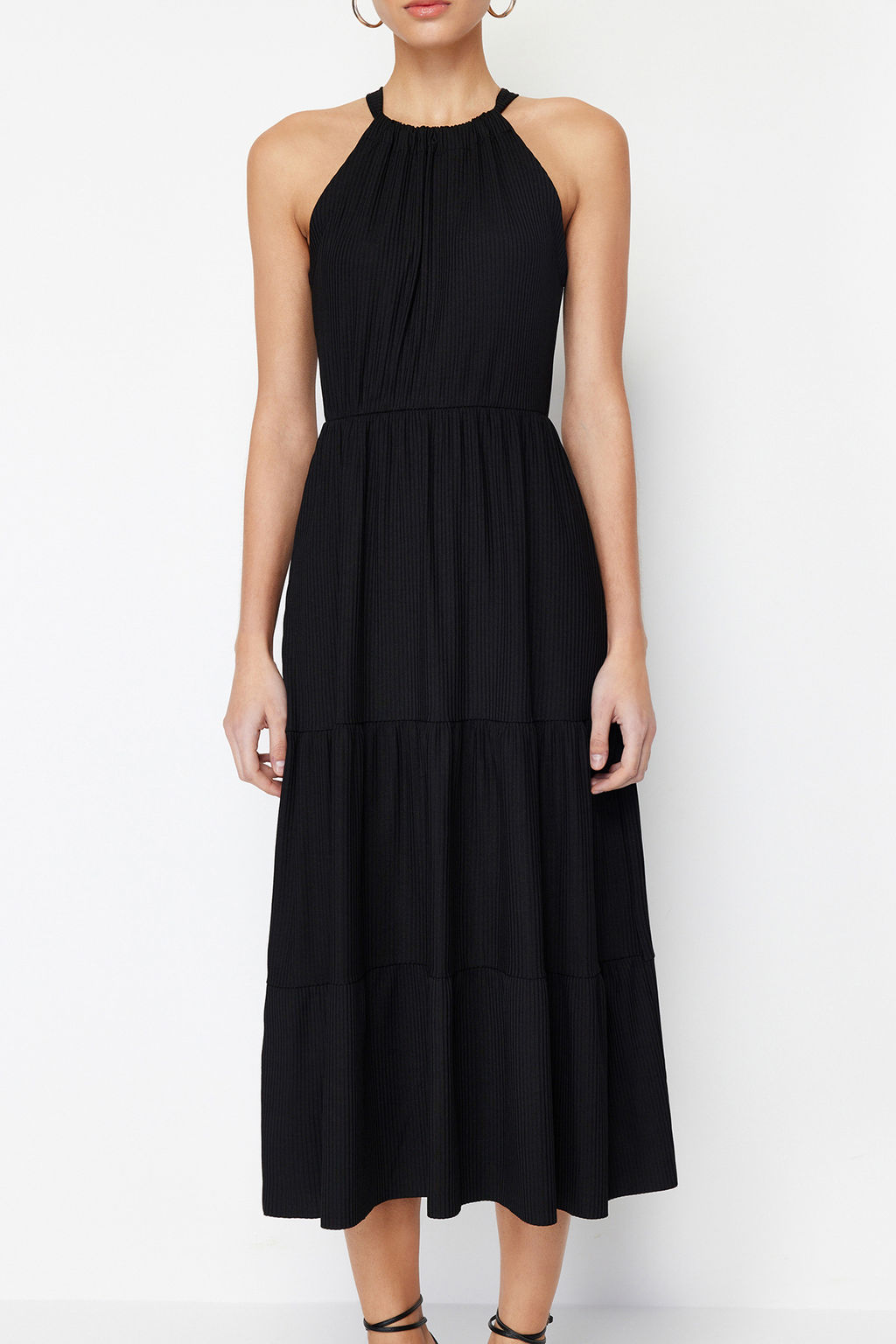 Siyah*001 Boyundan Baglamal? Bask?l? A-Line Maxi Orme Maxi Elbise TWOSS23EL00705