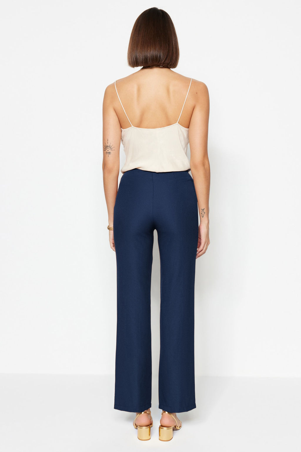 Lacivert Straight/Duz Kesim Yuksek Bel Nervur Dikisli Dokuma Pantolon TWOSS21PL0093