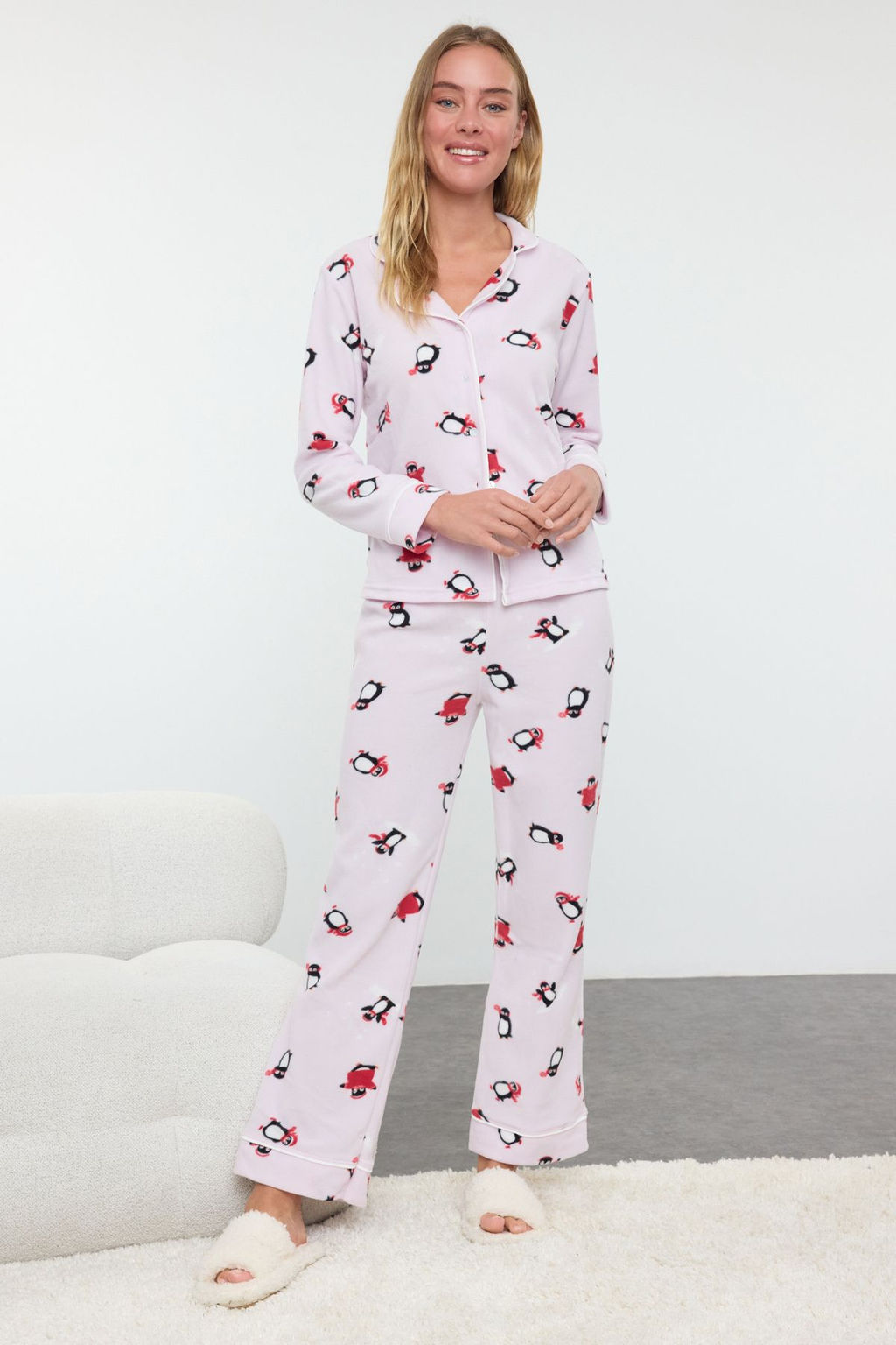 Pembe Penguen Desenli Biye Detayl? Polar K?sl?k Orme Pijama Tak?m? THMAW25PT00029