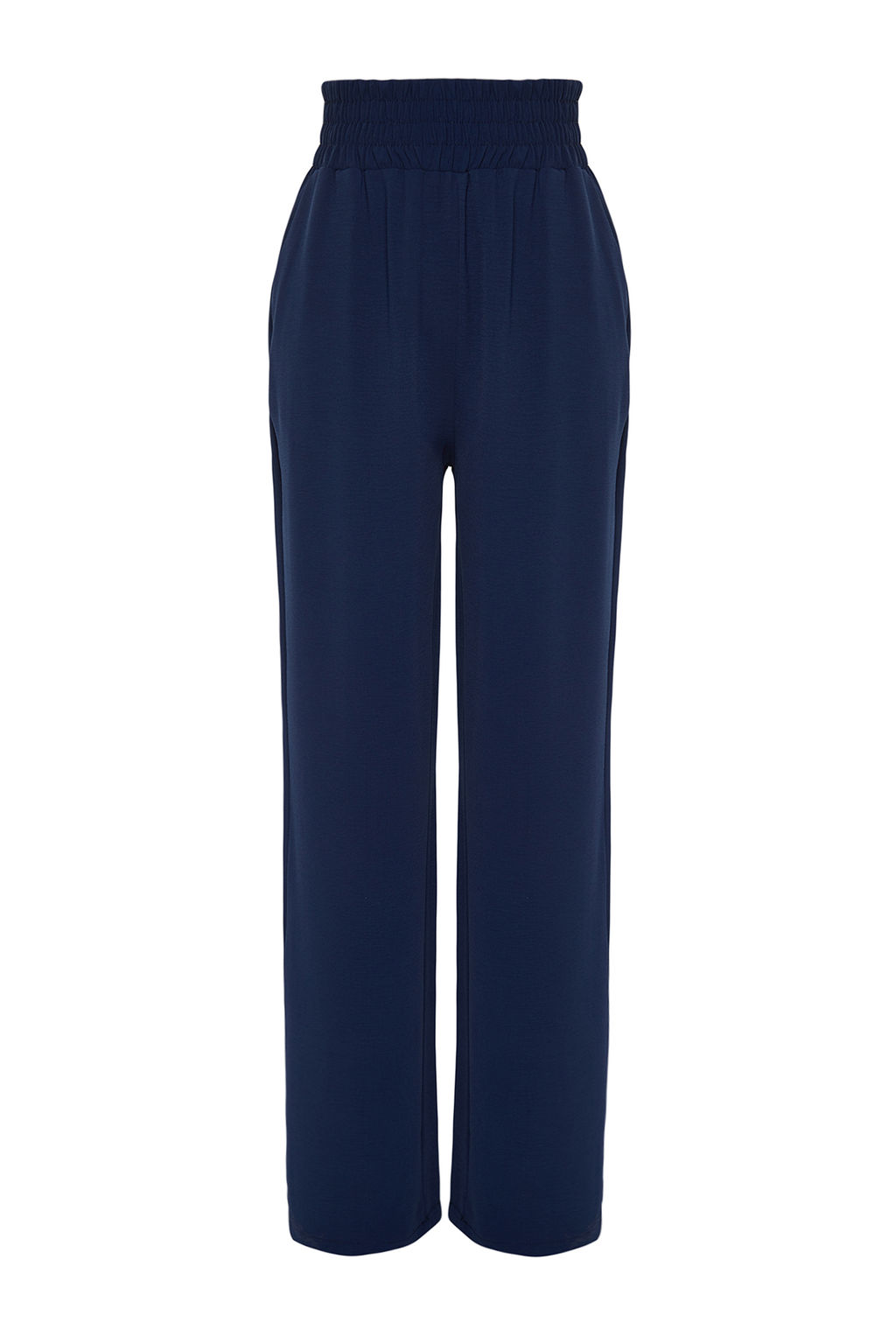 Lacivert Wide Leg/Genis Paca Beli Lastikli Dokuma Pantolon TWOSS22PL00024