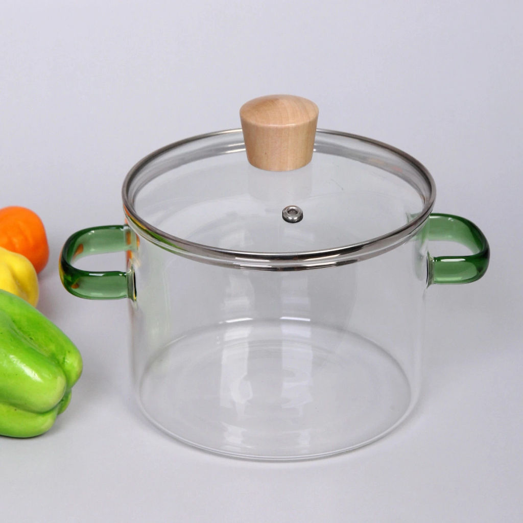 Кастрюля из боросиликатного стекла 1,5л "Хай-Тек" со стеклянными зелеными ручками