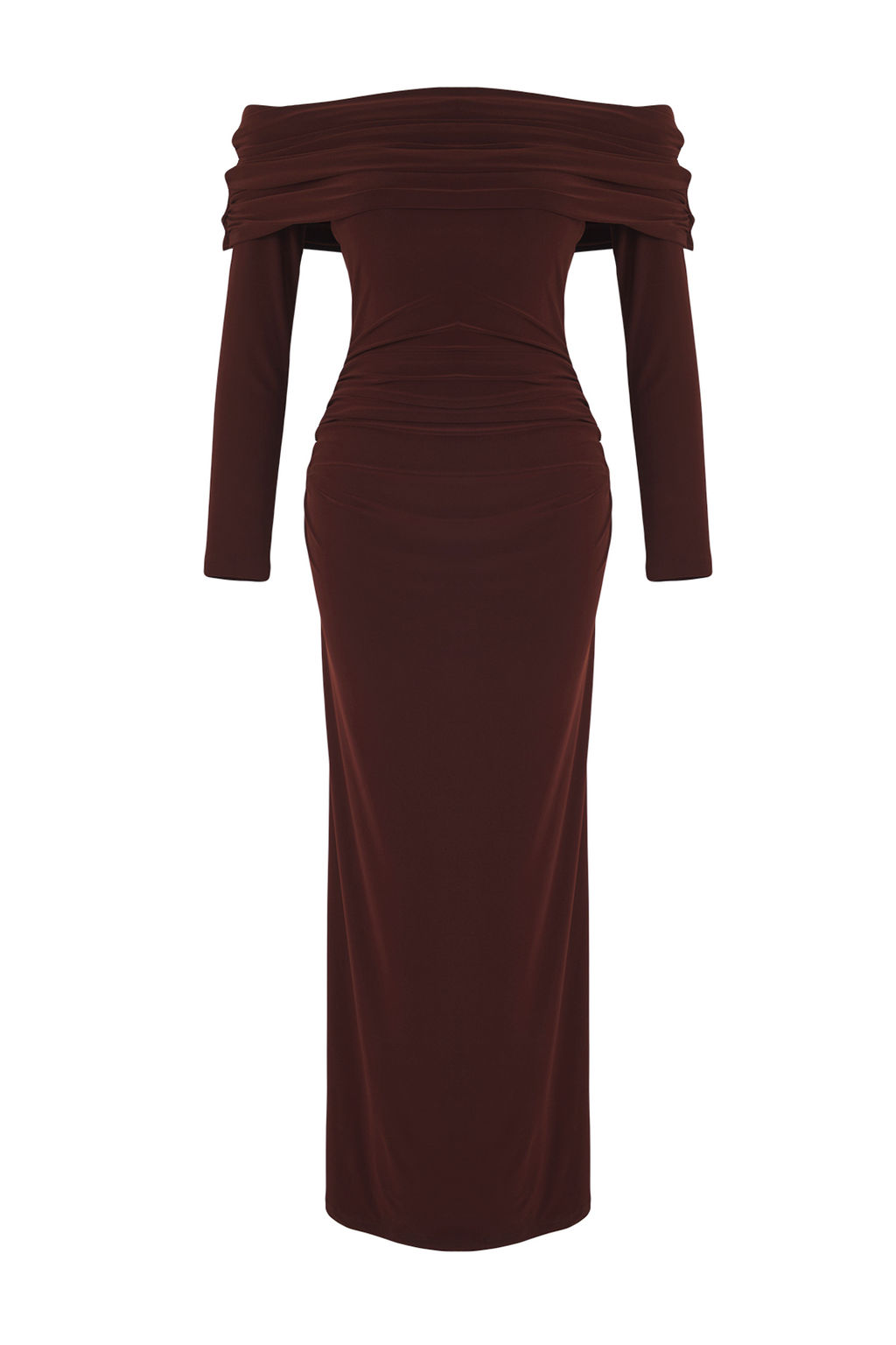 Limited Edition Kahverengi Buzgulu Carmen Yaka Esnek Maxi Orme Elbise TWOAW26EL00112 - Trendyolmilla фото 5