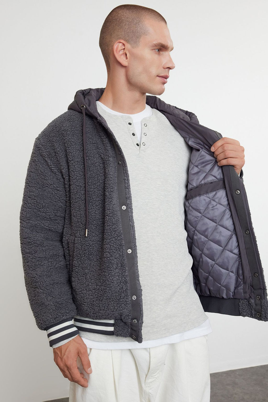 TRENDYOL MAN Ekru Unisex Relaxed Fit Lastik Detayl? Kapusonlu K?sl?k Mont TMNAW25MO00015 - Trendyolmilla фото 12