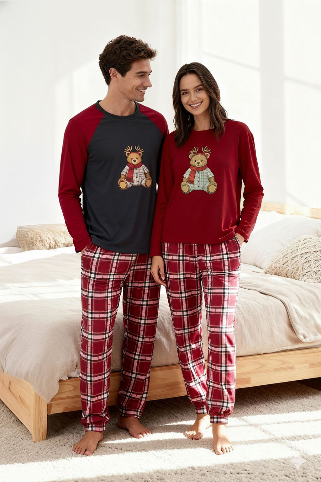 Bordo - Antrasit Regular Fit Ekose Ay?c?k Bask?l? Couple Orme Pijama Tak?m? - Trendyolmilla фото 4