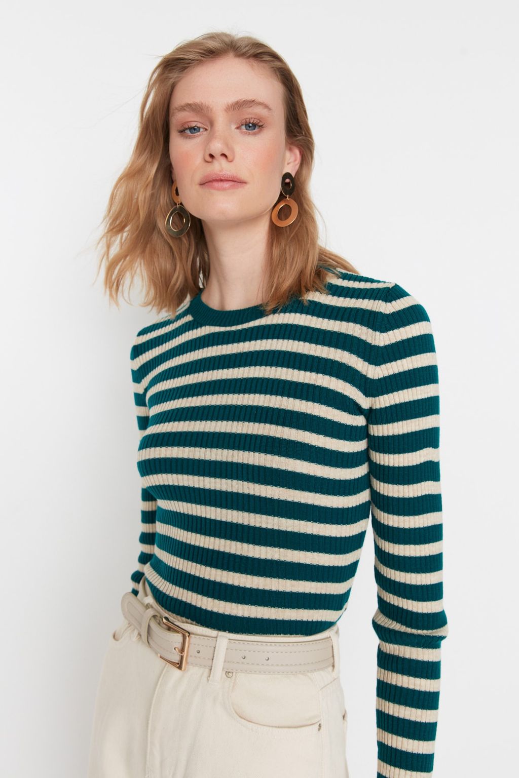 Yesil Basic Cizgili Triko Kazak TWOAW21KZ0942