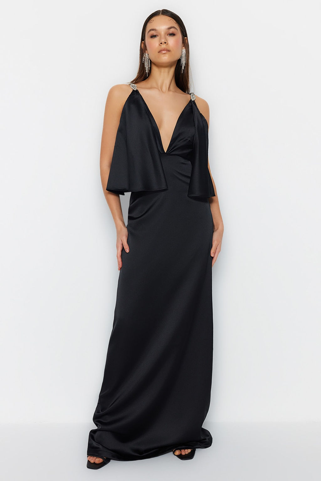 Siyah Tas Ask? Detayl? V Yaka Uzun Gece Abiye Elbise TPRSS23AE00220 - Trendyolmilla фото 3
