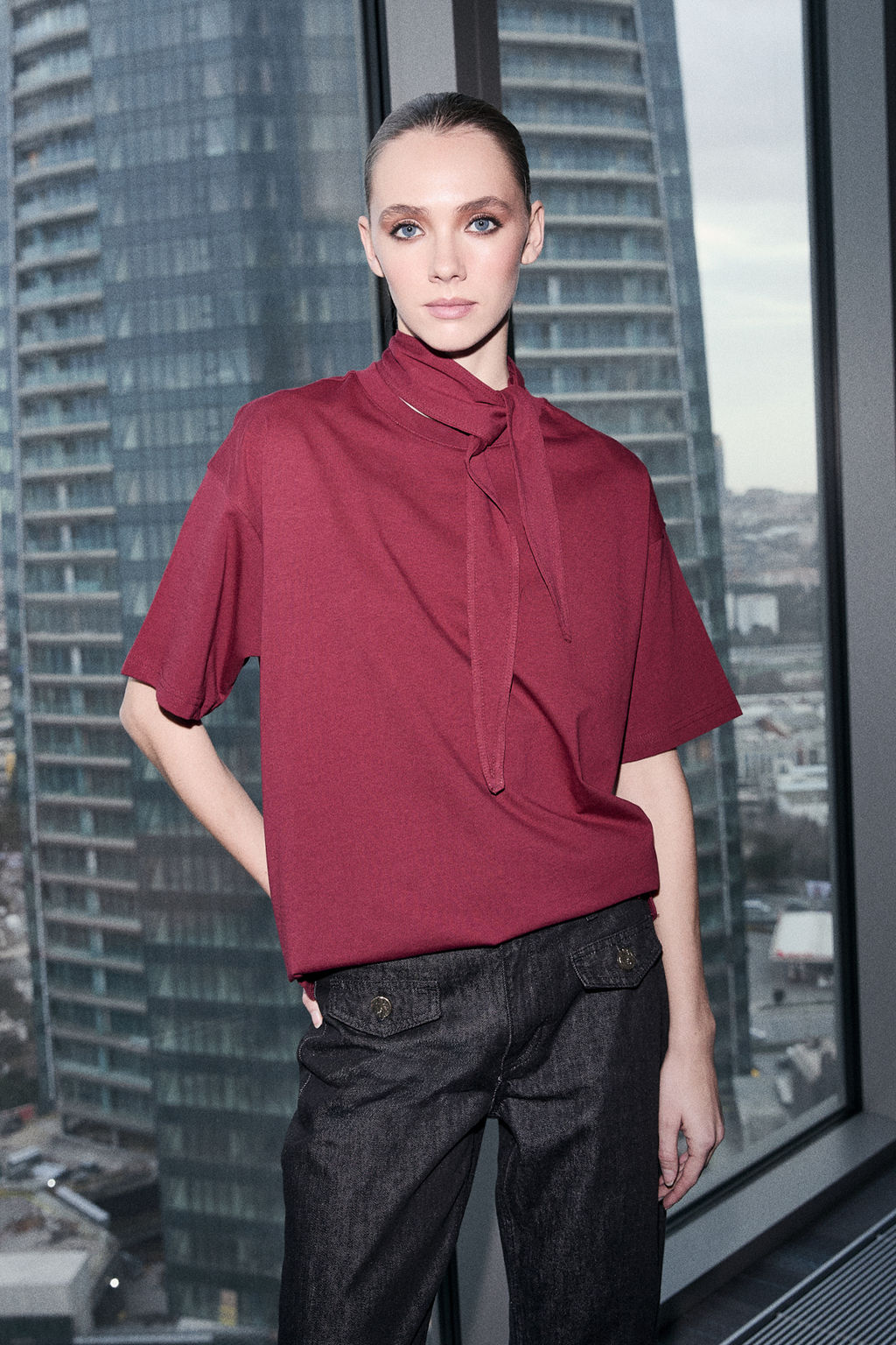 Limited Edition Bordo Oversize Dusuk Kol K?sa Kollu Uzun Tok %100 Pamuk Orme T-Shirt TWOSS26TS00029