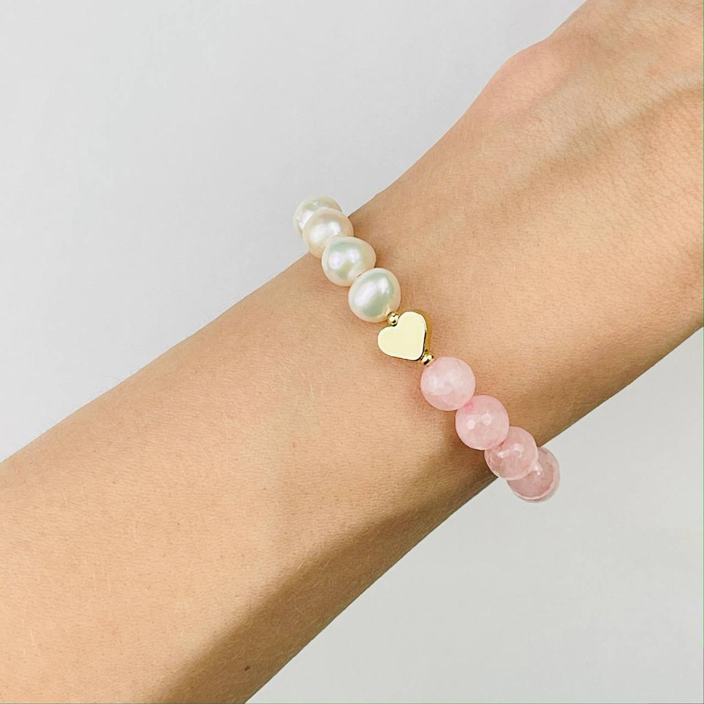 Браслет из Розового кварца и Жемчуга со вставкой сердце