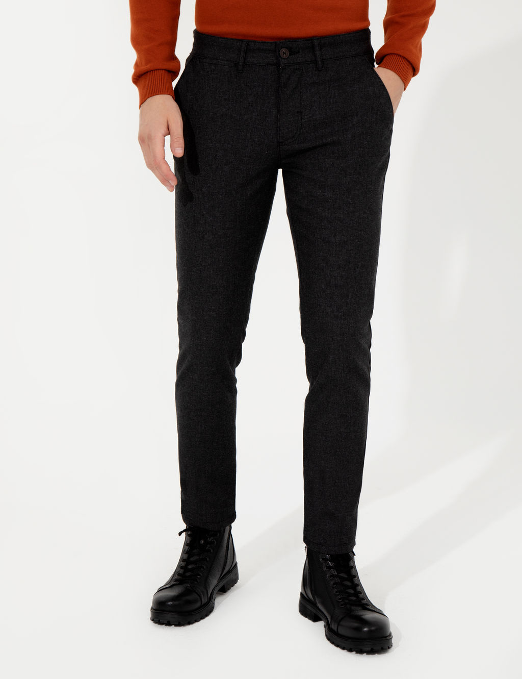 Siyah Slim Fit Keten Kar___ml_ Kanvas Pantolon