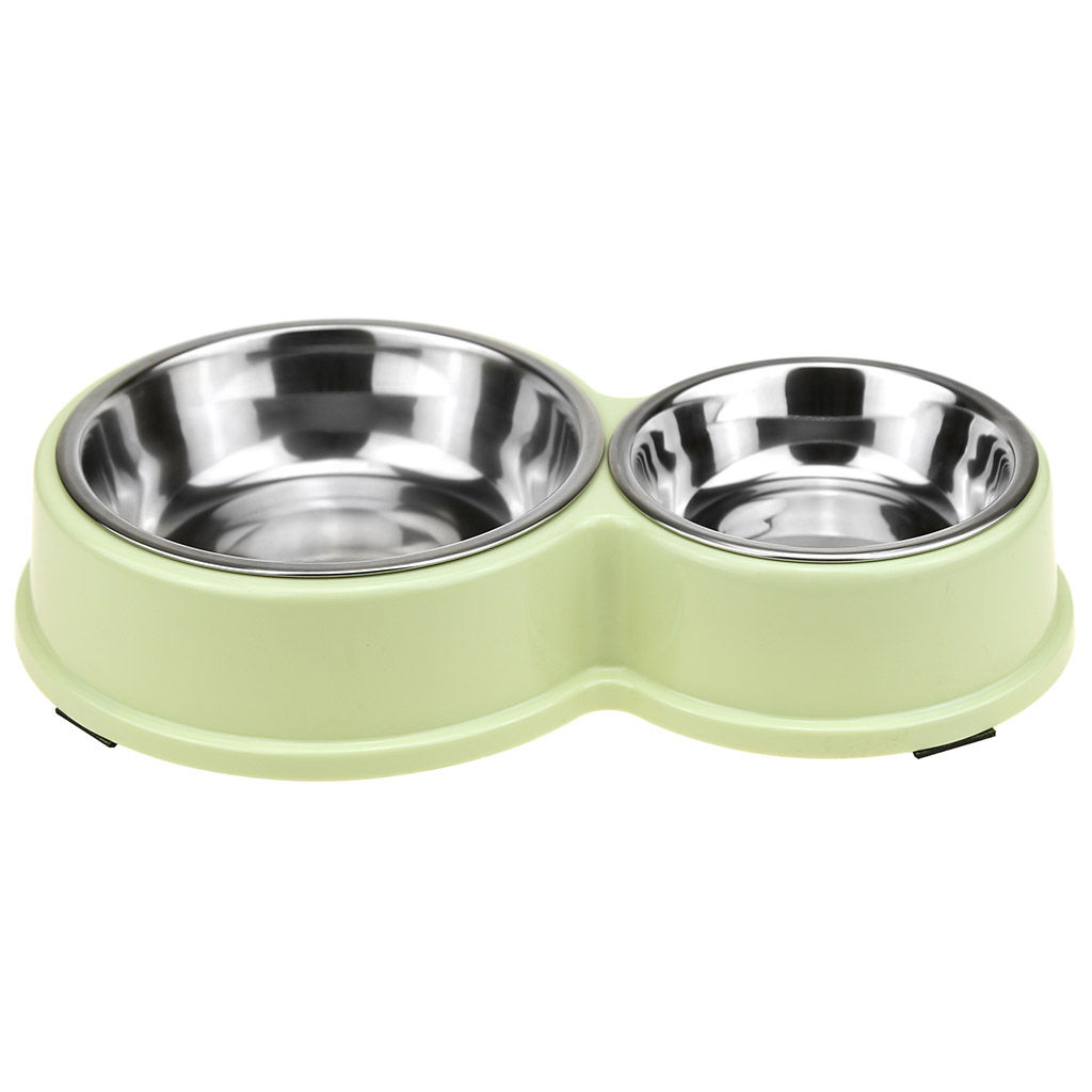 Миска для кормления животных из нержавеющей стали Обед 0,18л/0,45л, д11см h2,8см/д14см h4см, 2 штуки на пластмассовой подставке 28х17х5см, цвета микс (Китай) - Pet toys фото 2
