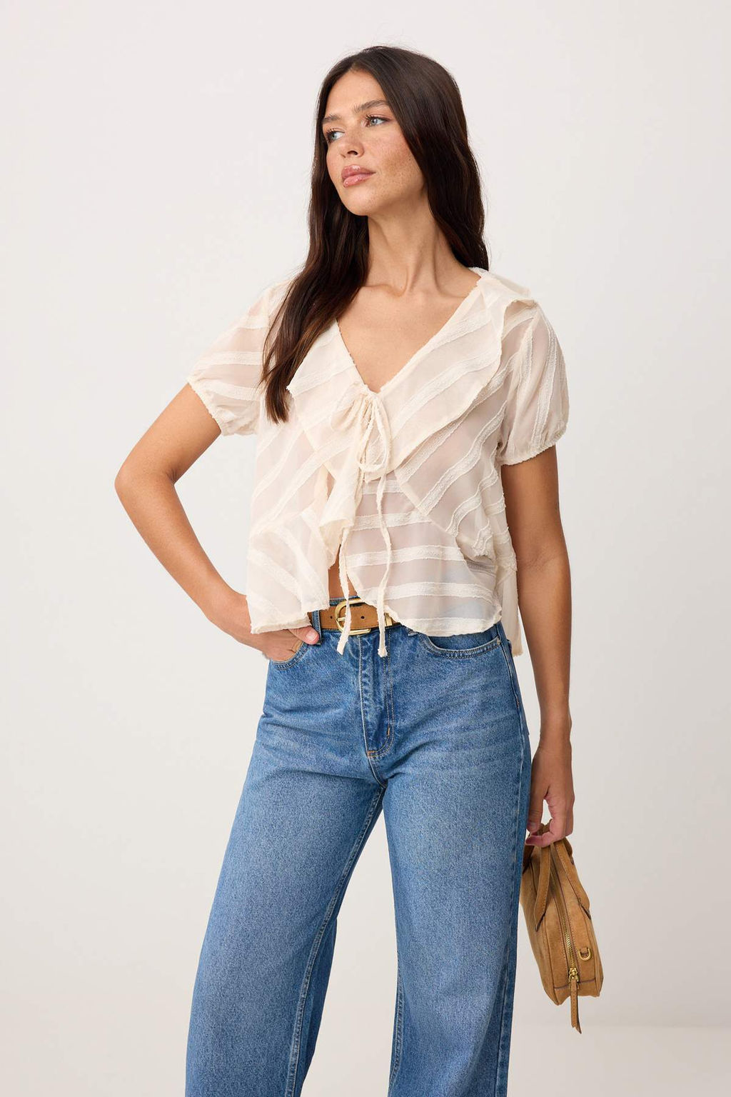 Krem F?rf?rl? Onu Baglama Detayl? Transparan Dokuma Bluz TWOSS26BZ00611 - Trendyolmilla фото 2