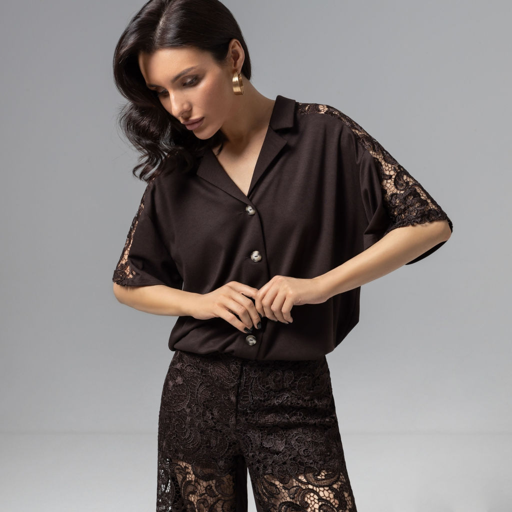 Рубашка комбинированный с кружевом, Стильное дежавю (горький шоколад) - Charutti фото 4