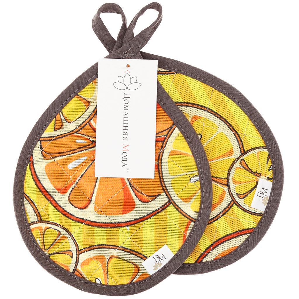 Кухонный комплект Апельсинки, вид 5: прихватка 18х20см форма Капелька - 2шт, рогожка 171г/м2, хлопок 100%, наполнитель - ватин 280г/м2, на пластмассовом подвесе, Домашняя мода (Россия)  фото 3