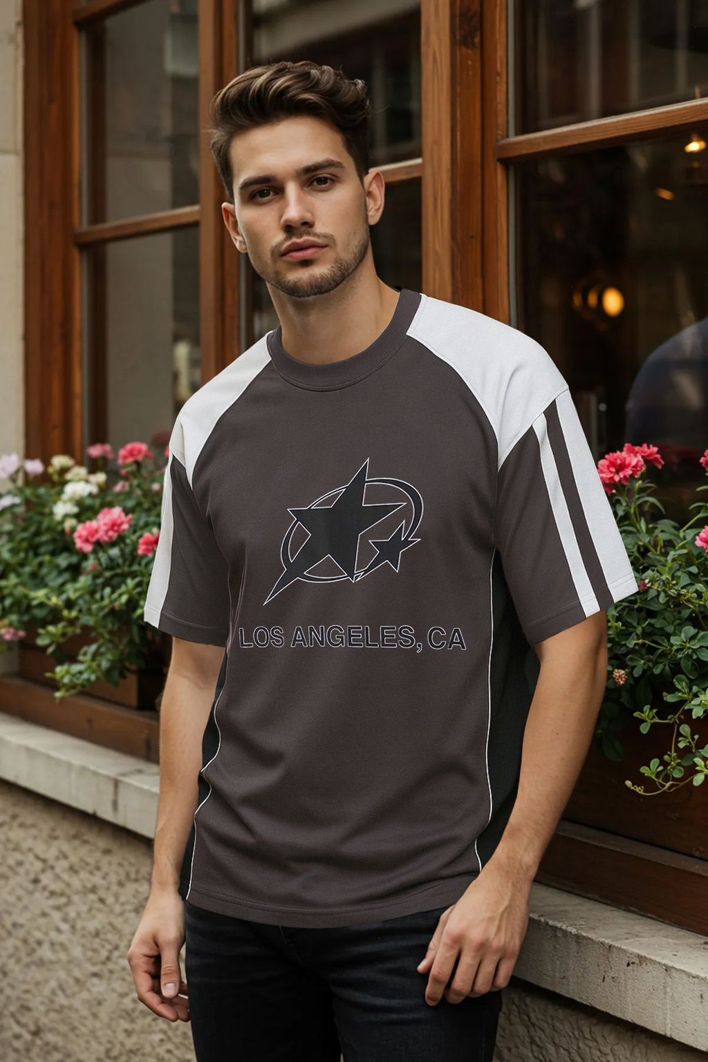TRENDYOL MAN Bordo Kolej Oversize/Genis Kesim %100 Pamuk Renk Bloklu T-Shirt TMNSS25TS00095
