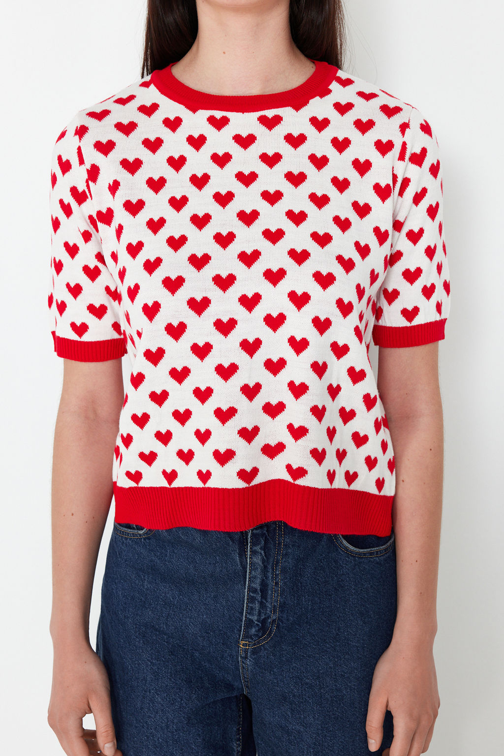 K?rm?z? Bisiklet Yaka Kalp Desenli Ince Triko Bluz TWOSS21KZ0008 - Trendyolmilla фото 5