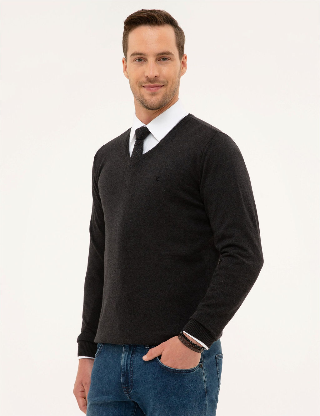 Antrasit Melanj Slim Fit V Yaka Basic Triko Kazak - Pierre cardin фото 3