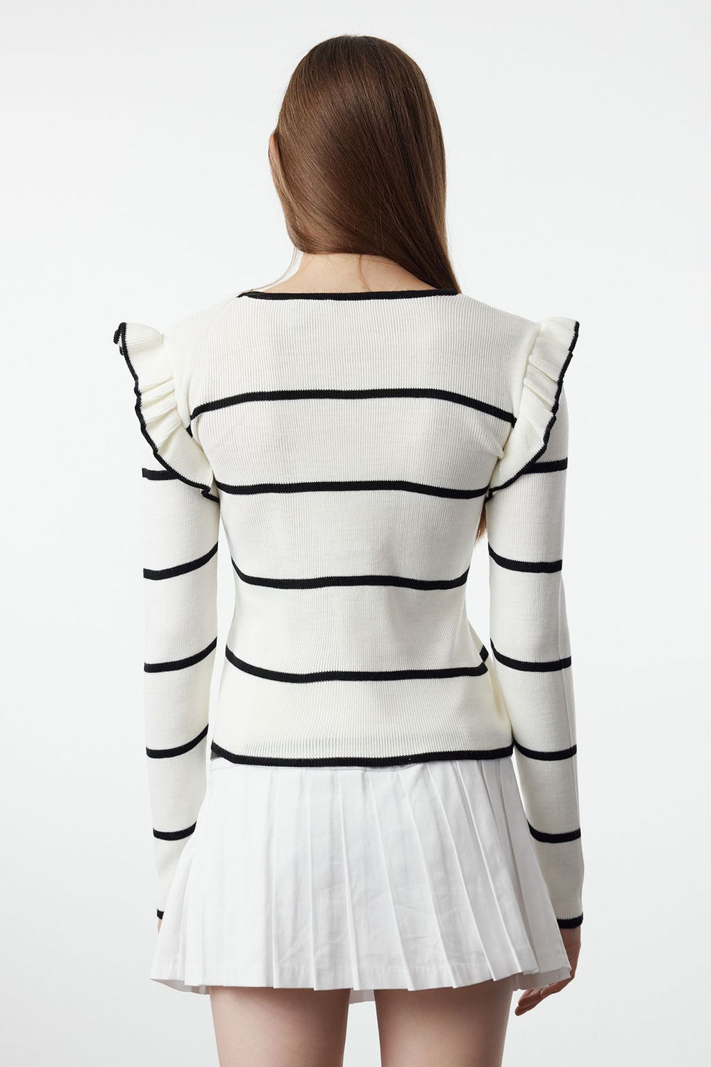 Ekru Omuzu Volanl? Cizgili Triko Kazak TWOAW25KZ00243 - Trendyolmilla фото 5