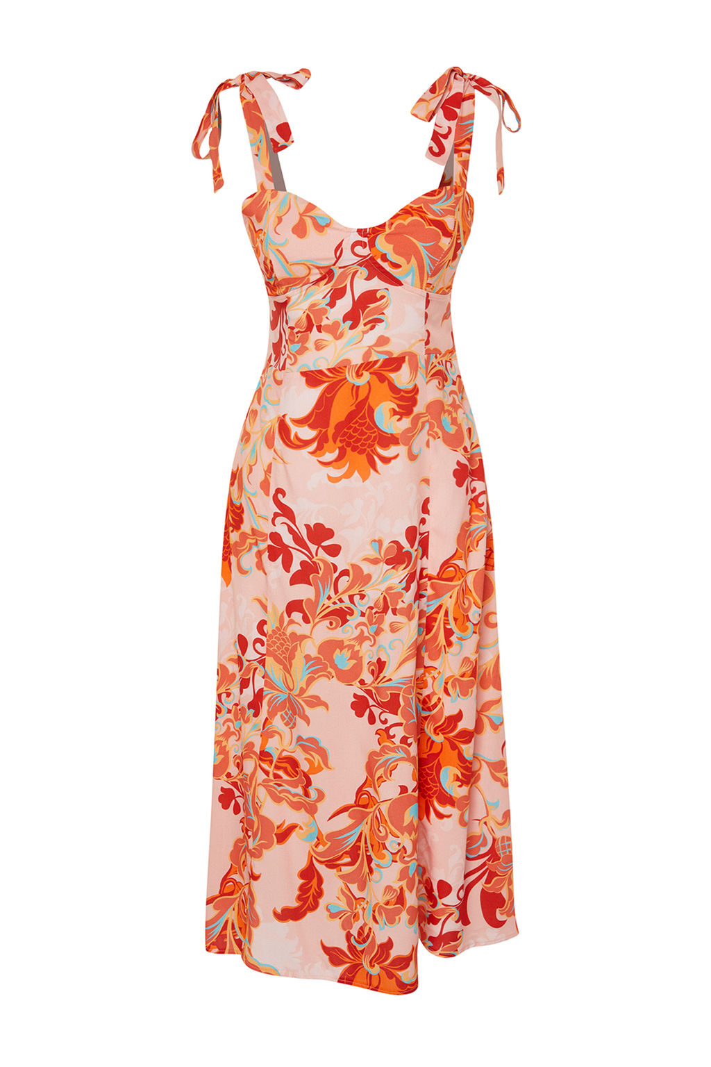 Pembe Cicekli A Kesim Viskon Midi Dokuma Elbise TWOSS24EL00714