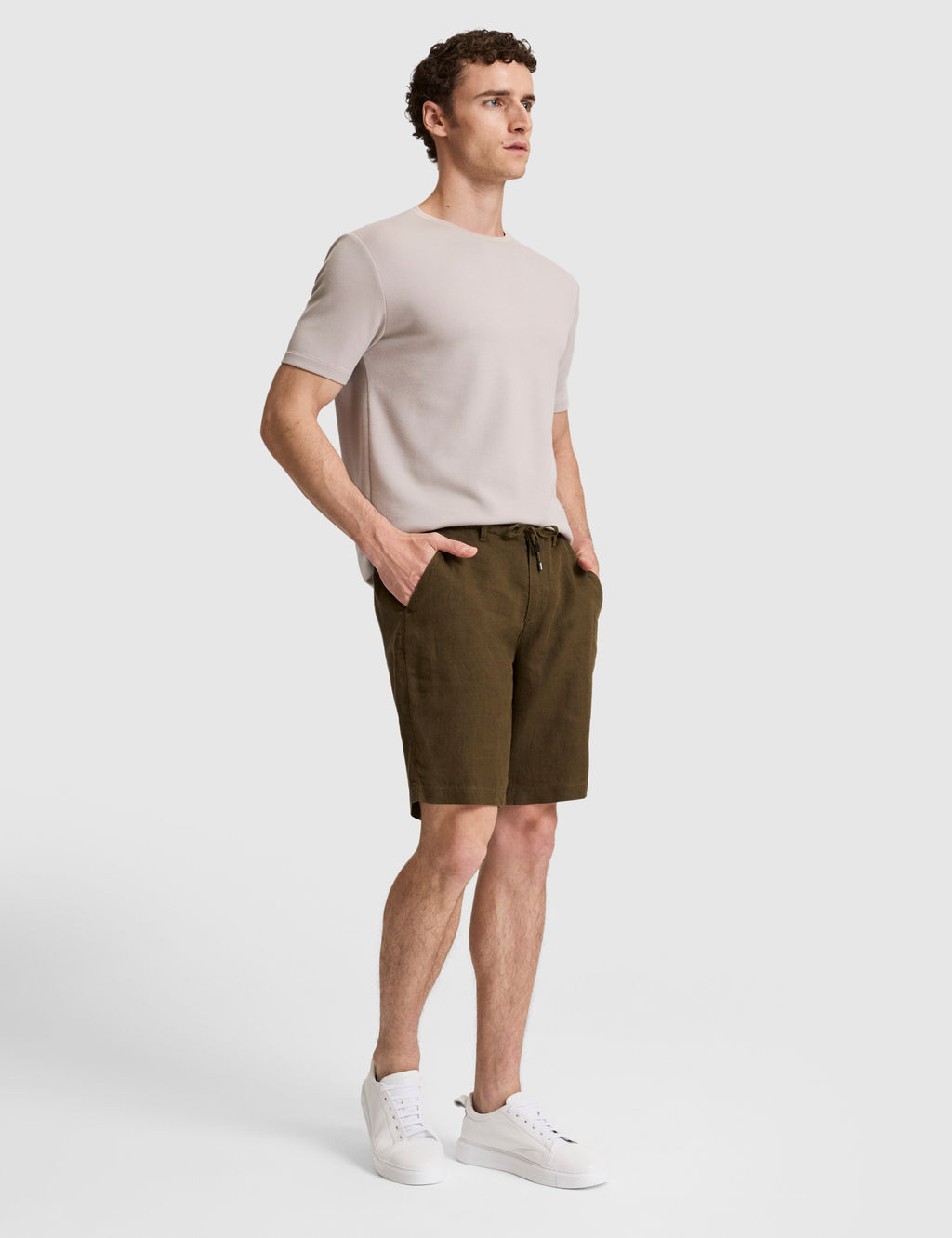 Haki Slim Fit %100 Keten Beli Lastikli Kordonlu Dokuma _ort