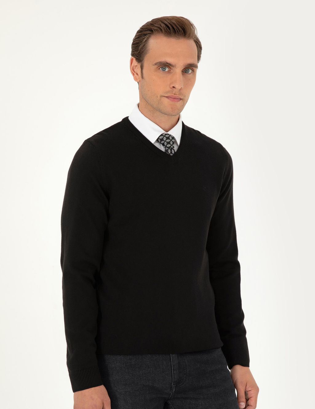 Siyah Slim Fit V Yaka Basic Triko Kazak - Pierre cardin фото 3