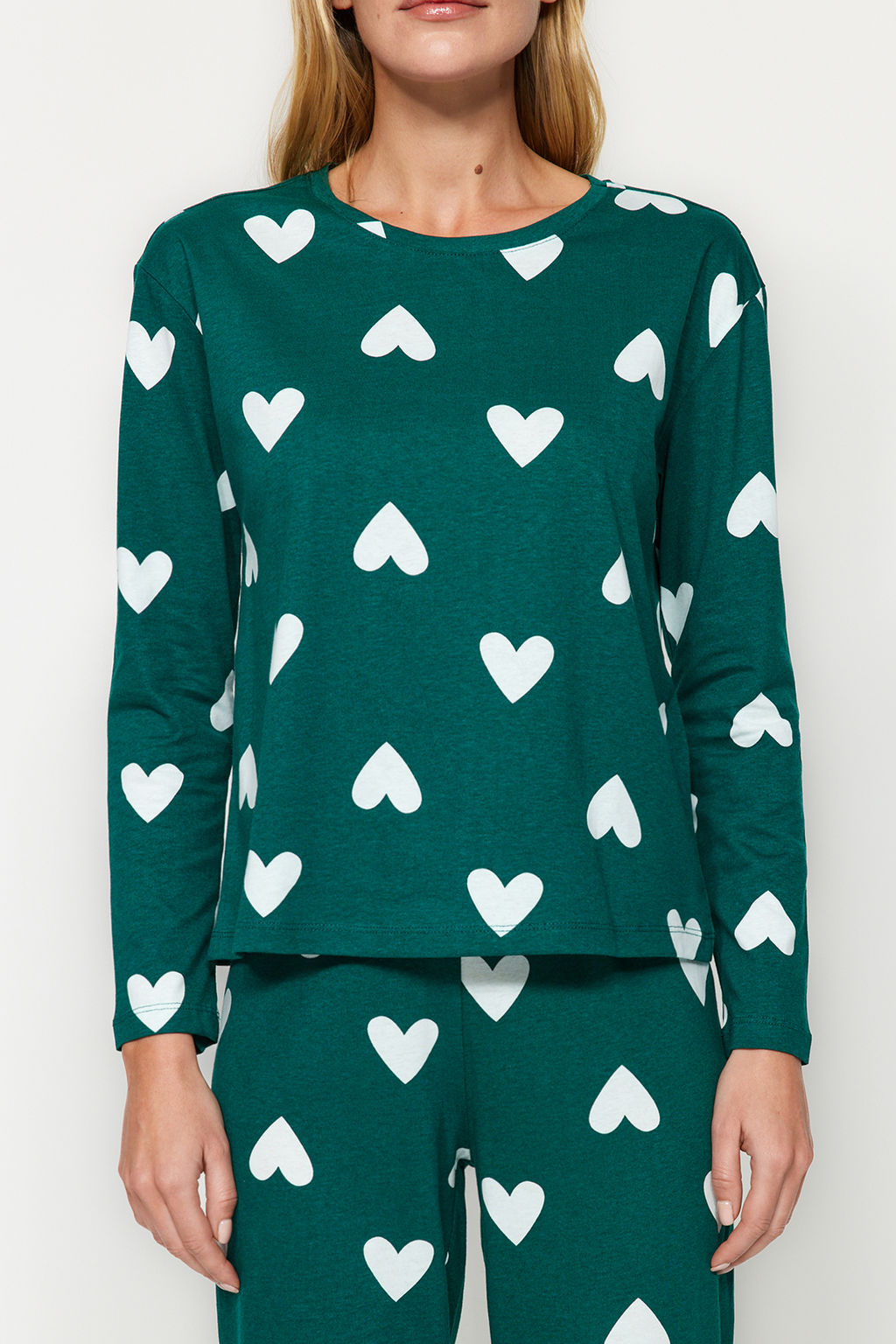 Zumrut Yesili %100 Pamuklu Kalpli Orme Pijama Tak?m? THMAW21PT0566