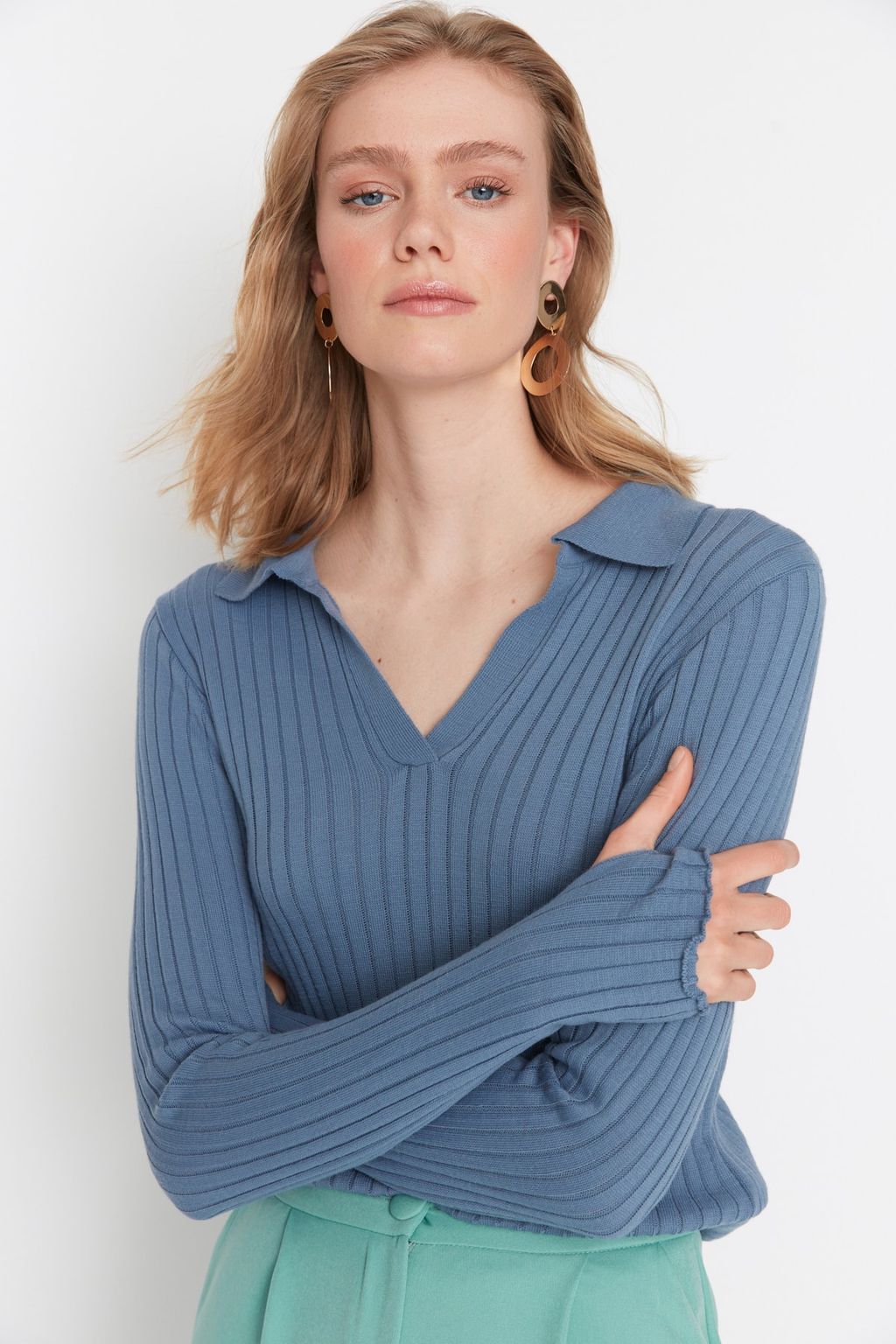 Indigo Kol Ucu Detayl? Polo Yaka Triko Kazak TWOAW21KZ1113