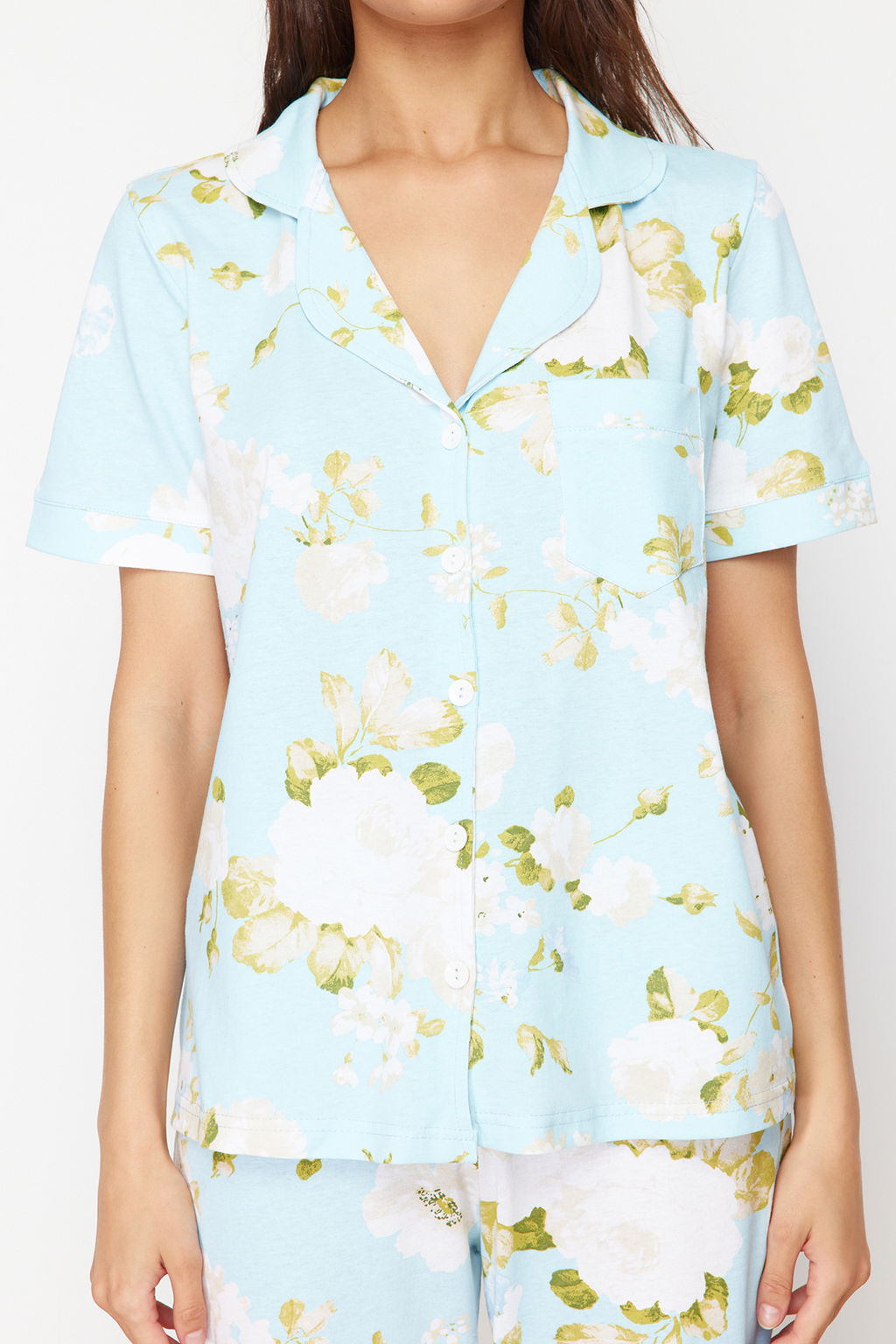 Trendyolmilla Mavi %100 Pamuklu Cicek Desenli Orme Pijama Tak?m? THMSS20PT0062  фото 4