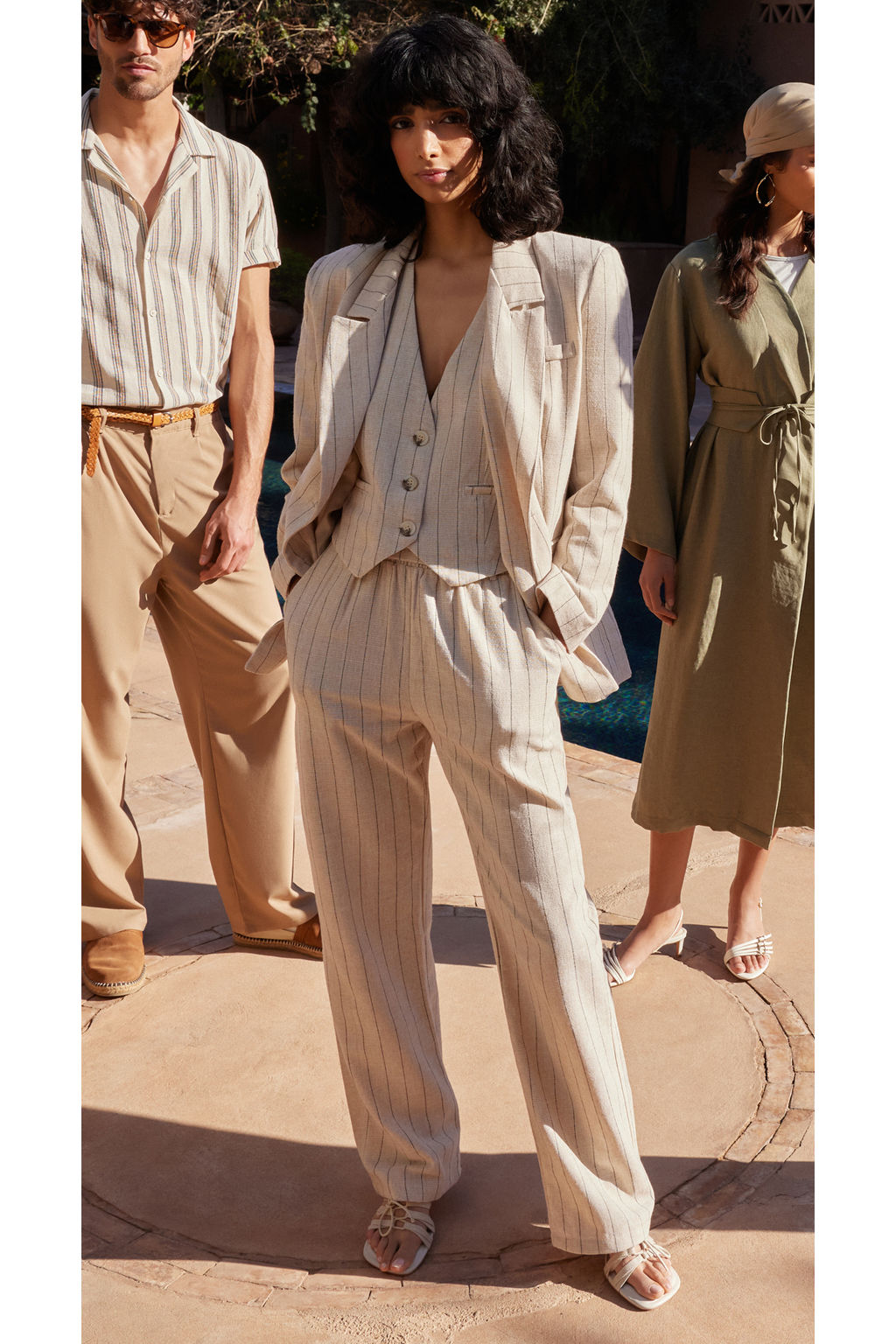 Bej Cizgili Beli Lastikli Cepli Straight/Duz Kesim Pamuk Keten Dokuma Pantolon TWOSS24PL00055