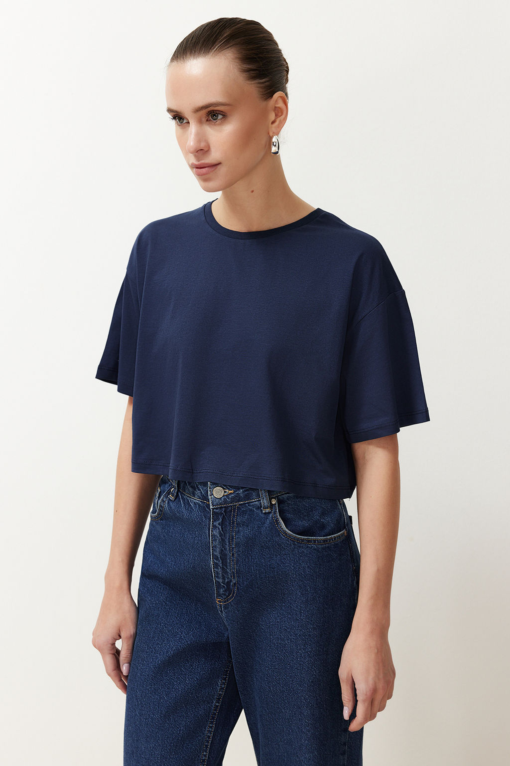 Lacivert-Fusya 2li Paket %100 Pamuk Relax/Rahat Kesim Crop Orme T-Shirt TWOSS24TS00224