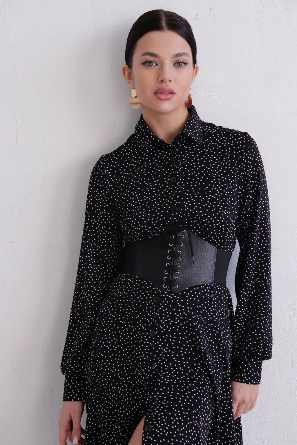 11511 Платье-рубашка чёрное в горошек - Martichelli фото 3