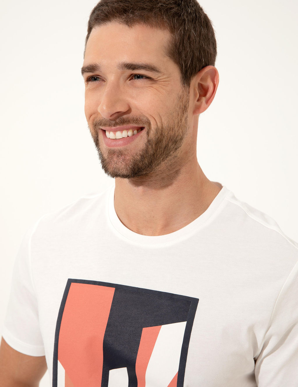 Ekru Slim Fit Bask_l_ Bisiklet Yaka Ti__rt