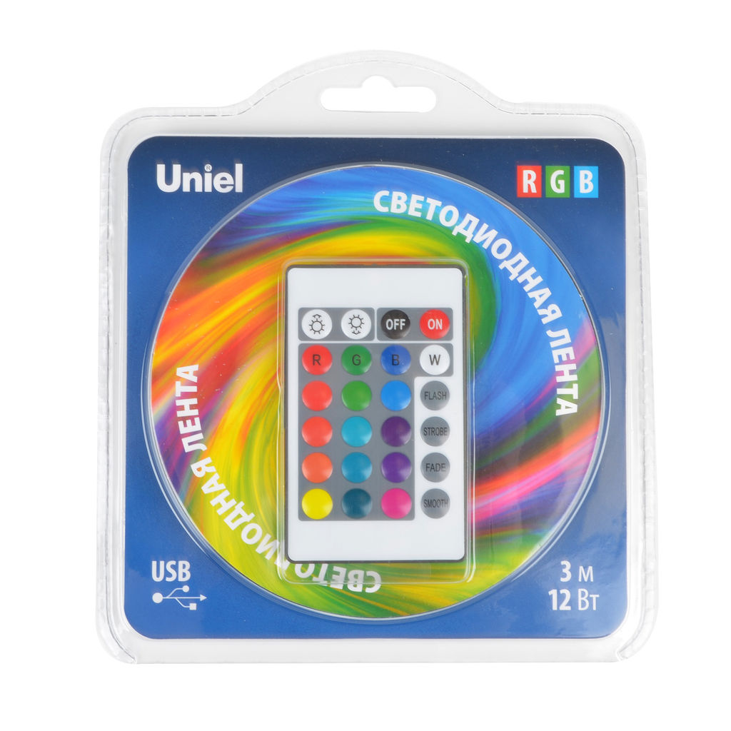 ULS-U12 3M/RGB/1.5M/USB/RC IP20 RUA02C24 Гибкая светодиодная лента на самоклеящейся основе, 3м. RGB. Пульт ДУ (в/к). TM Uniel