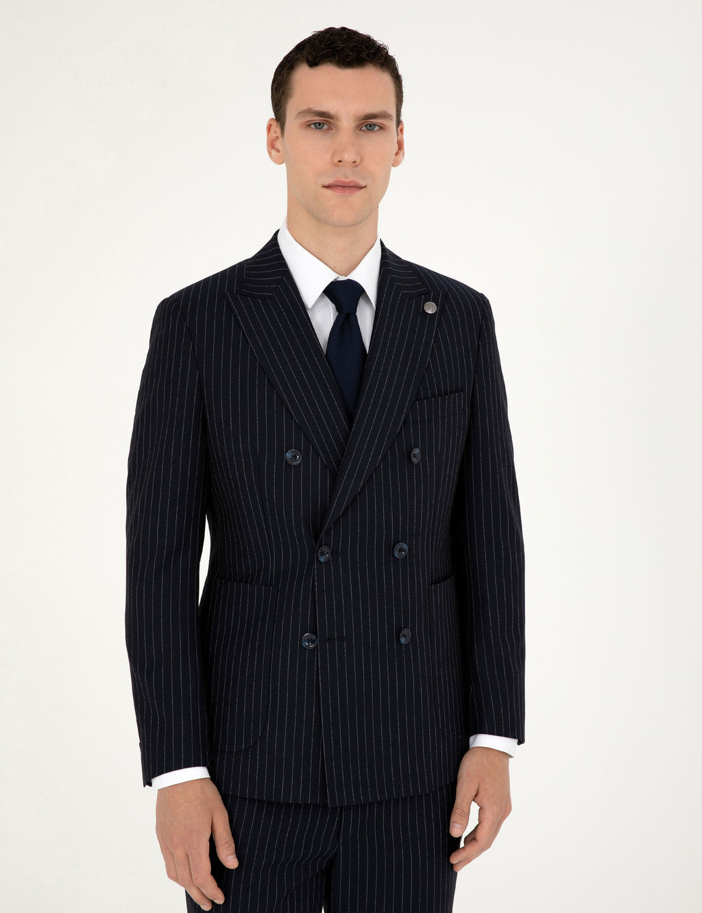 Lacivert Extra Slim Fit _izgili Kruvaze Y_n Kar___ml_ Tak_m Elbise