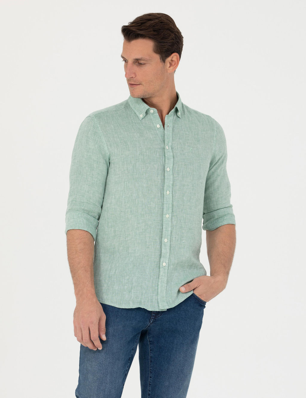 Haki Slim Fit %100 Keten G_mlek