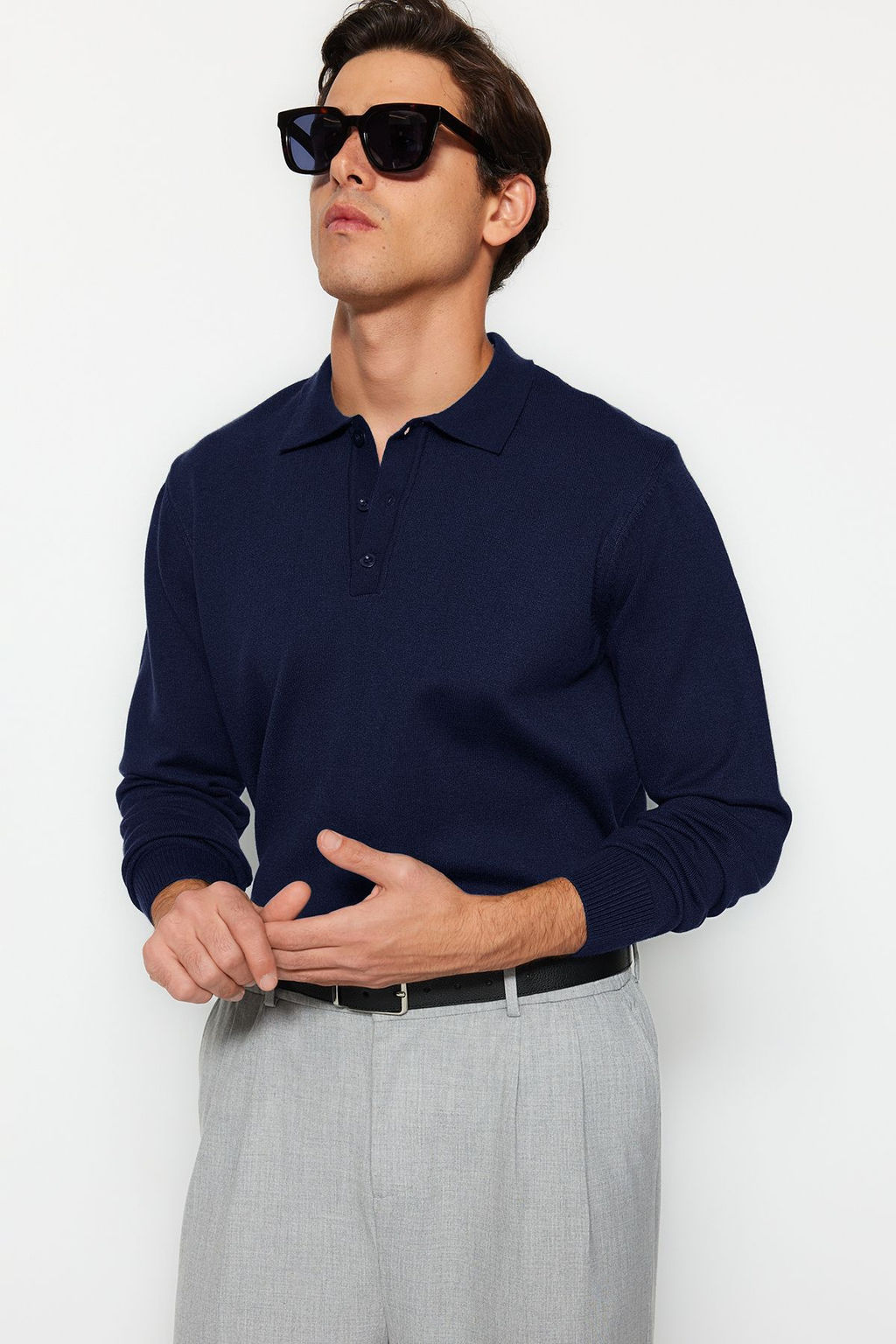 Lacivert Erkek Regular Polo Yaka Duz Triko Kazak TMNAW24KZ00067