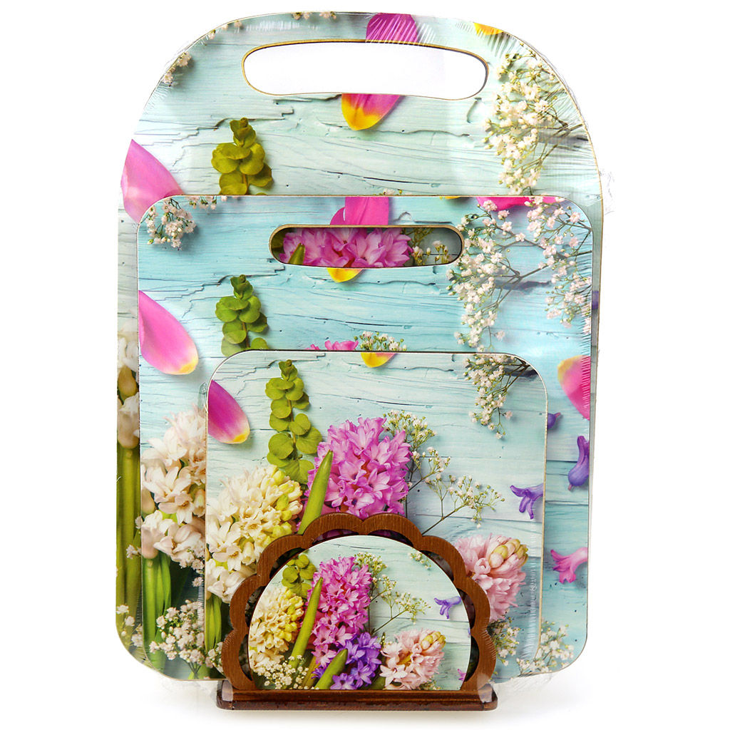 Гиацинт Комлект деревянный 4 предмета: доска разделочная 29х21х0,6см; доска разделочная 21х19,5х0,6см; подставка под горячее 14,5х14,5х0,8см; салфетница 12,5х8,5х4см (Россия)