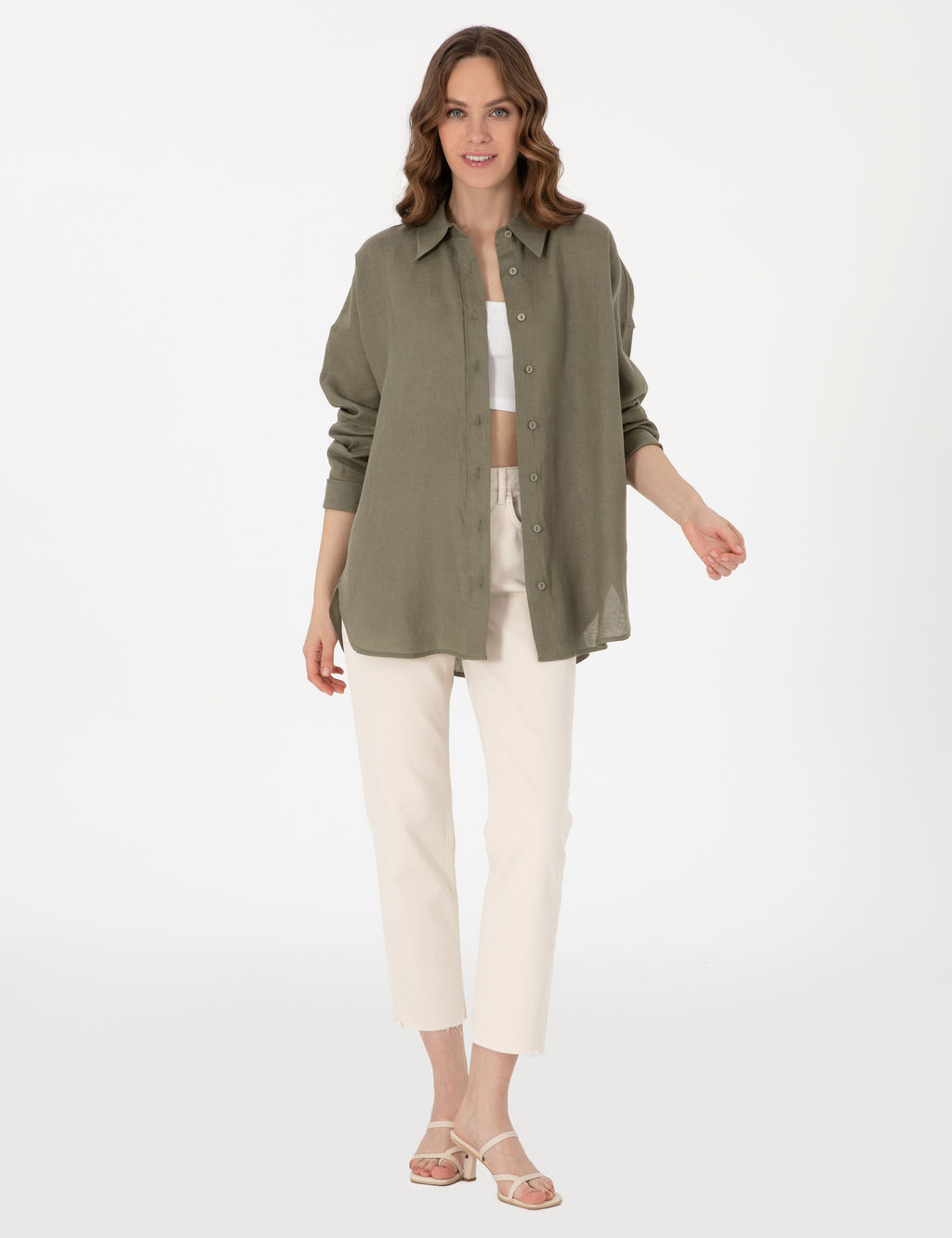 Haki Oversize Uzun Kollu %100 Keten G_mlek