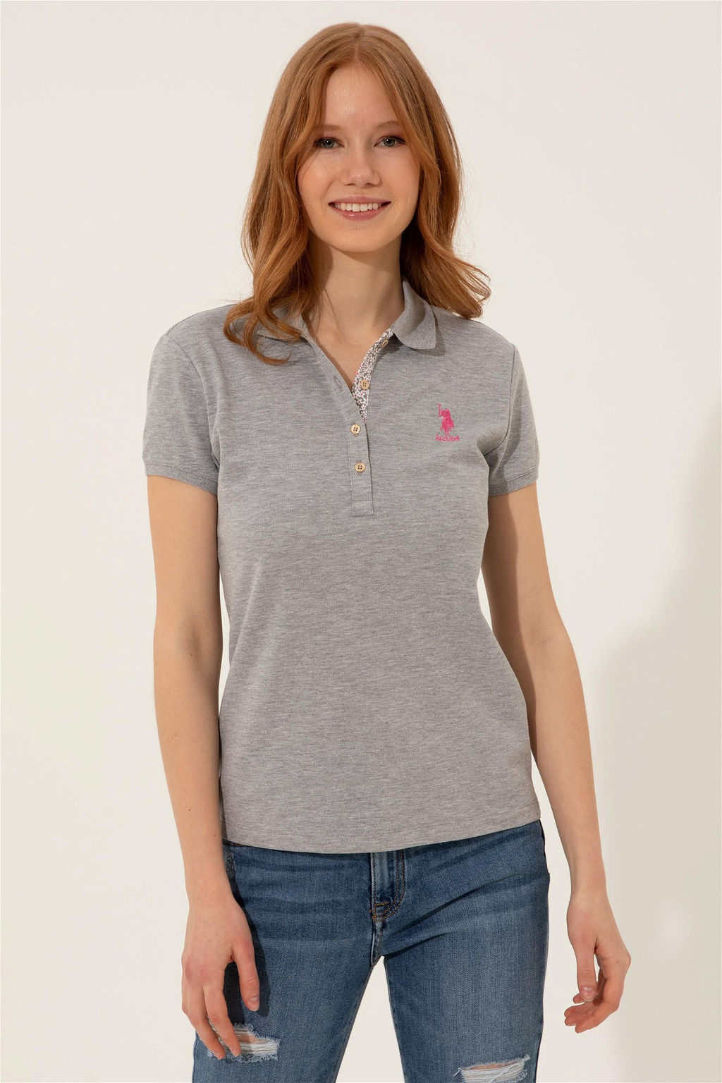 Женская серая меланжевая футболка с воротником поло Basic - U.s. polo assn фото 8