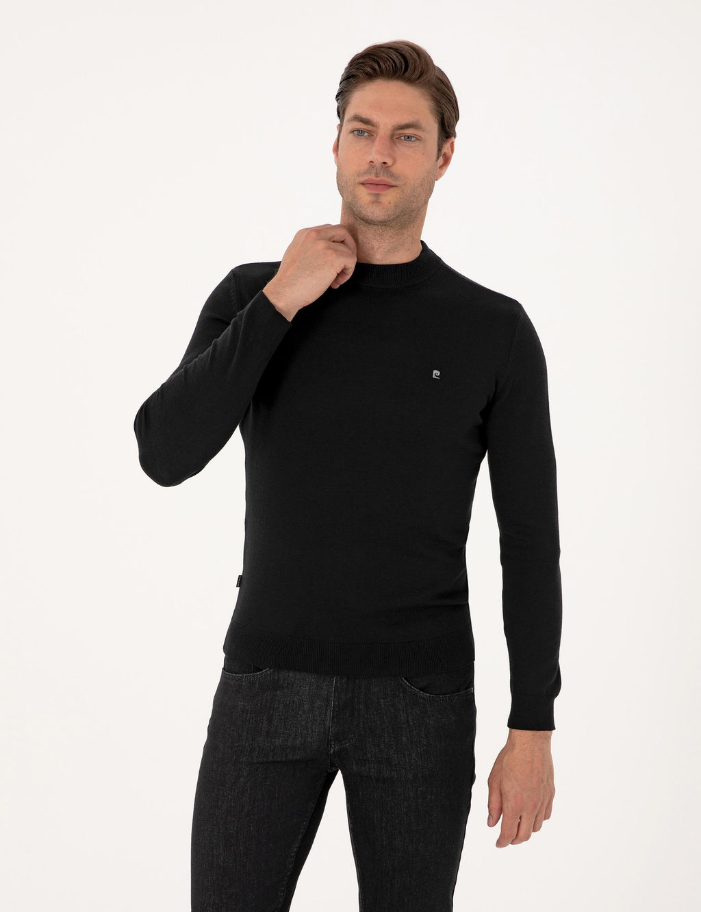 Siyah Slim Fit _eyrek Yaka Basic Triko Kazak