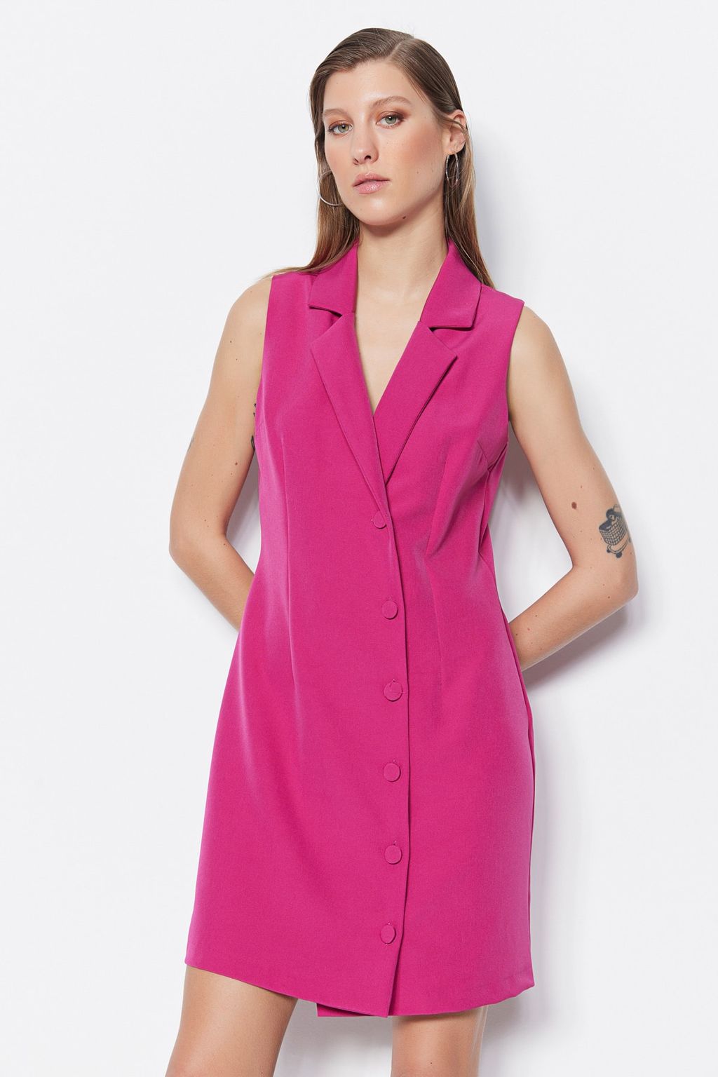 Fusya Dugme Detayl? Kolsuz Dokuma Mini Ceket Elbise TWOSS19AP0280